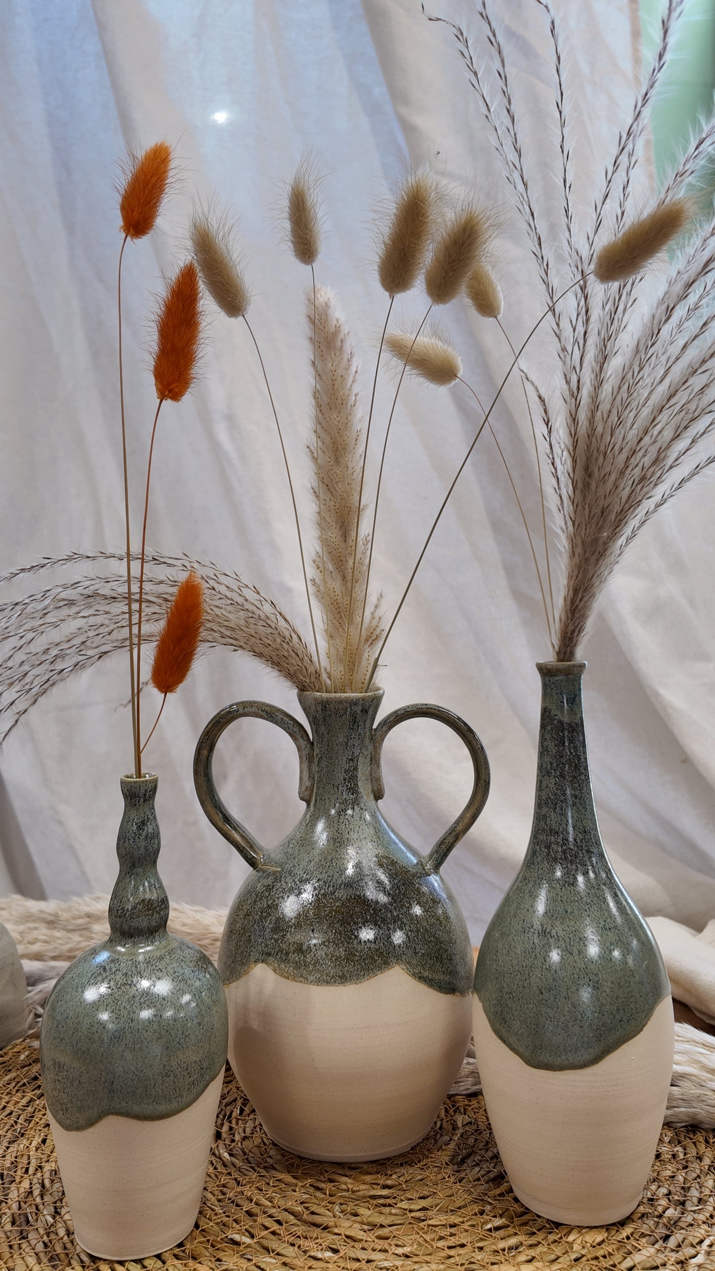 Green Kintsugi Thin Neck Vase with Handles
